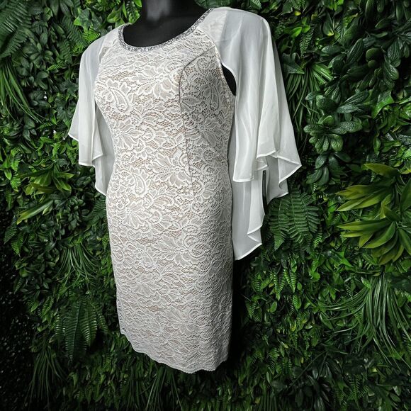 GLAMOUR Women Dress‎ 6 White Dress Lace Cape Sleeve Stone Neckline $80 NWT 0864 - Picture 1 of 16